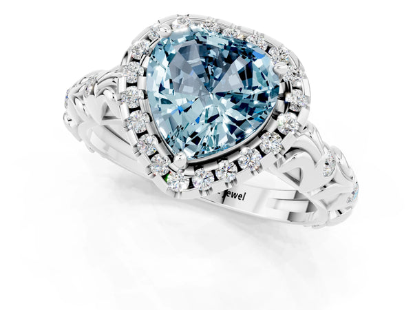 White gold Heart Cut Aquamarine Halo Ring with Filigree Band and Prong Setting