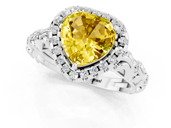 White gold Heart Cut Yellow Sapphire Halo Ring with Filigree Band and Prong Setting