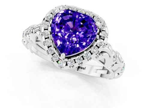 White gold Heart Cut Halo Diamond Solitaire with Filigree Band and Four-Prong Setting_1