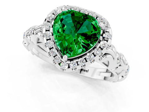White gold Heart Cut Halo Diamond Solitaire with Filigree Band and Four-Prong Setting_1