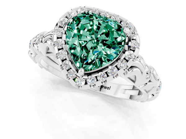 Silver Heart Cut Green Sapphire Halo Ring with Filigree Band and Prong Setting