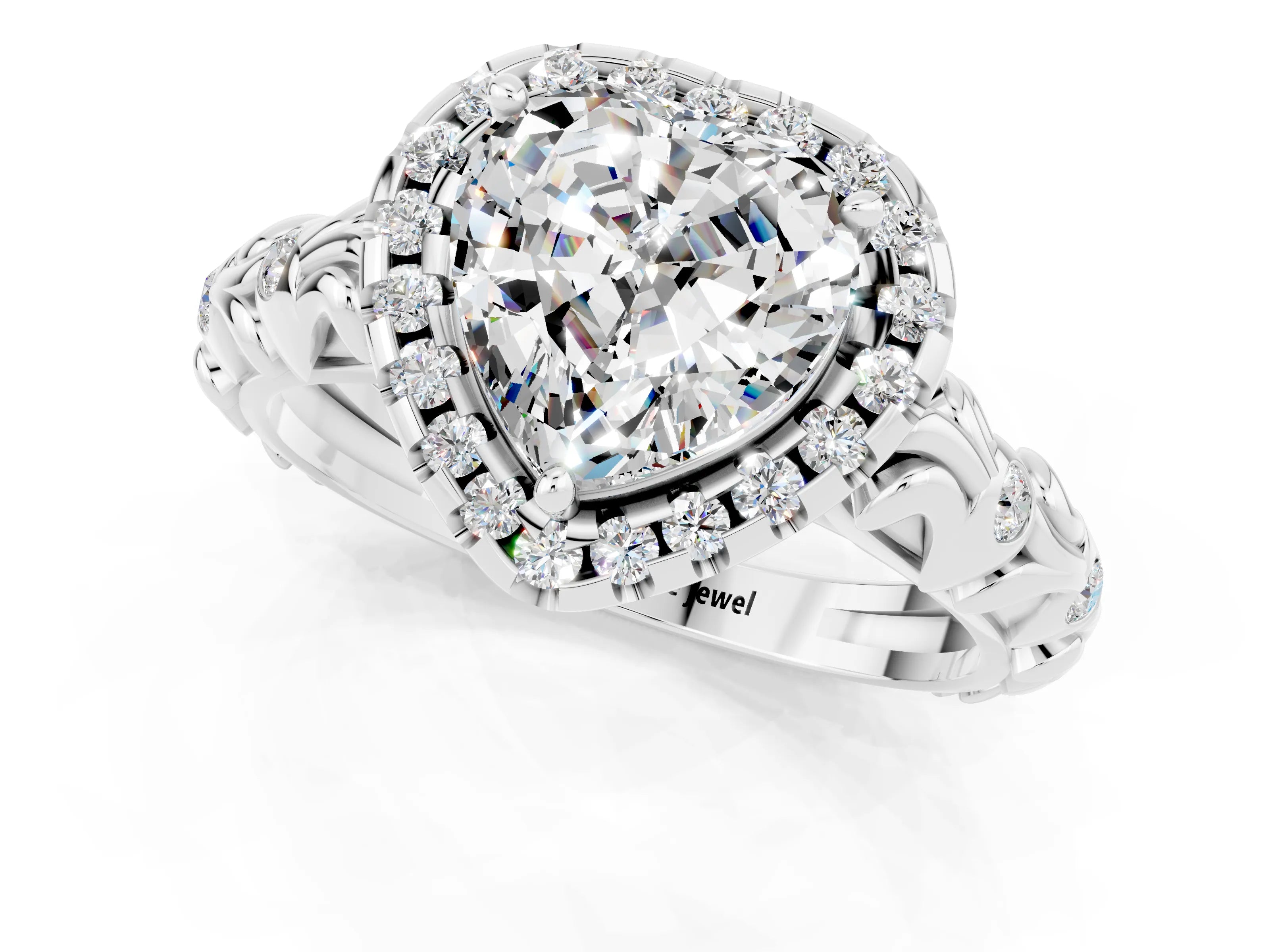White gold Heart Cut Halo Diamond Solitaire with Filigree Band and Four-Prong Setting_1