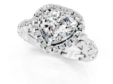 White gold Heart Cut Halo Diamond Solitaire with Filigree Band and Four-Prong Setting_1
