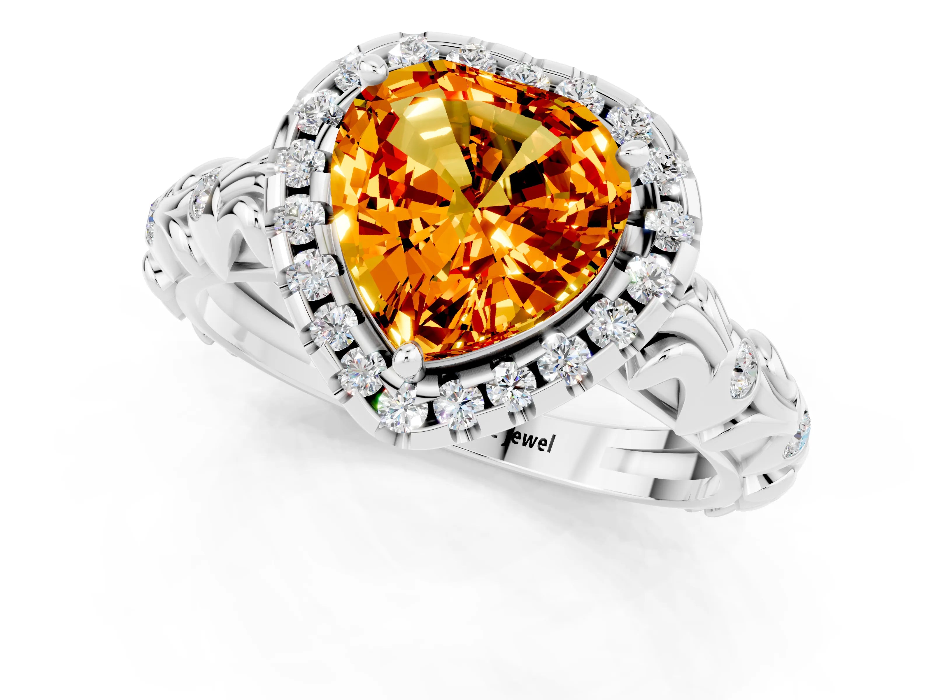 White gold Heart Cut Halo Diamond Solitaire with Filigree Band and Four-Prong Setting_1