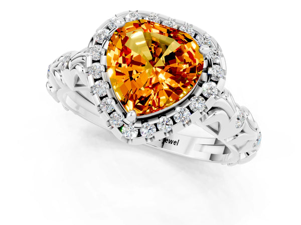 Silver Heart Cut Citrine Halo Ring with Filigree Band and Prong Setting