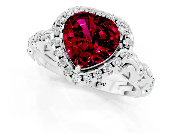 Platinum Heart Cut Garnet Halo Ring with Filigree Band and Prong Setting