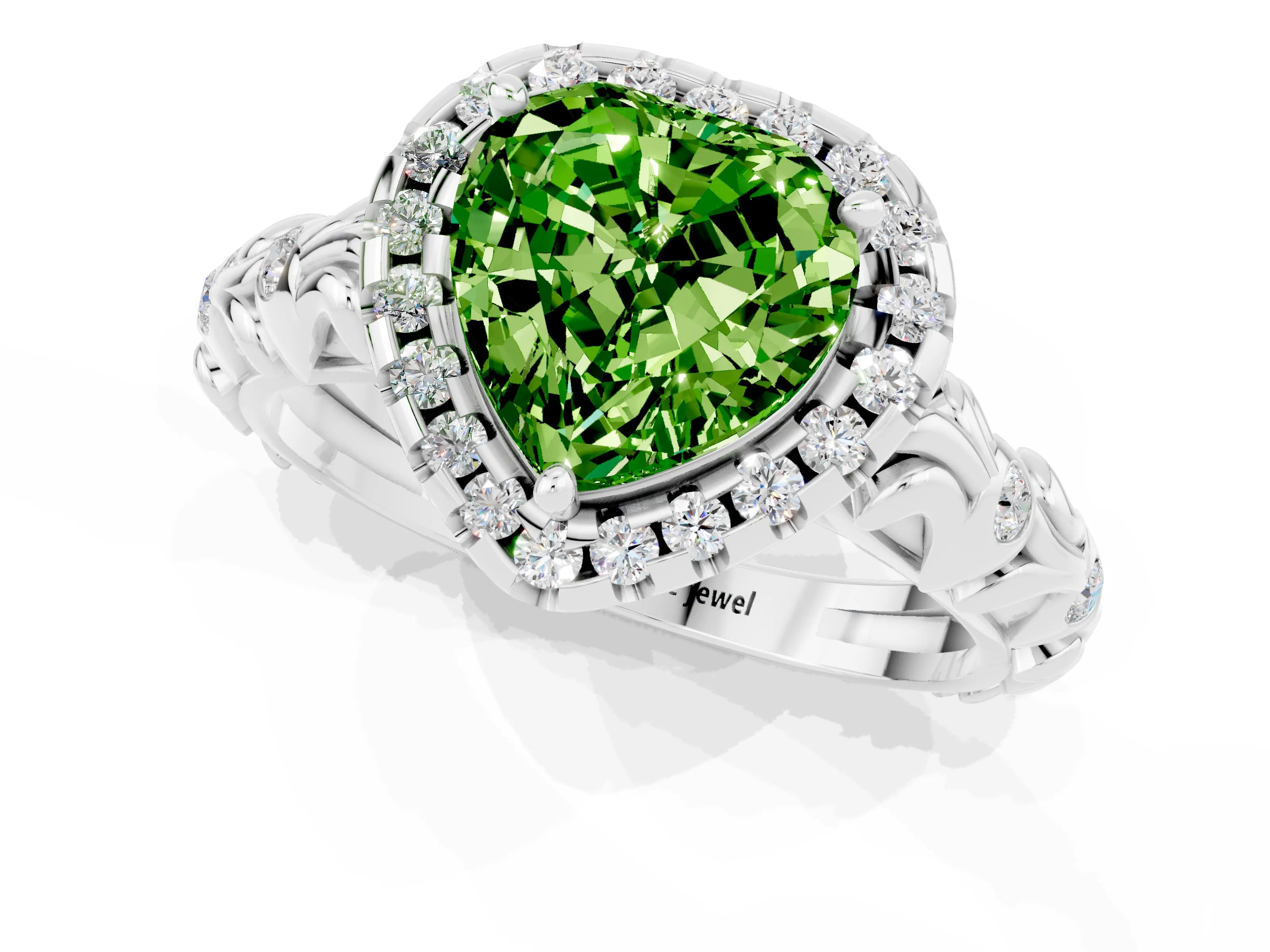 White gold Heart Cut Halo Diamond Solitaire with Filigree Band and Four-Prong Setting_1