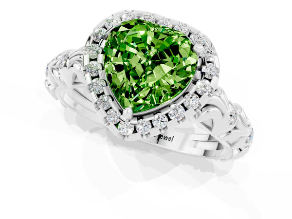 White gold Heart Cut Peridot Halo Ring with Filigree Band and Prong Setting