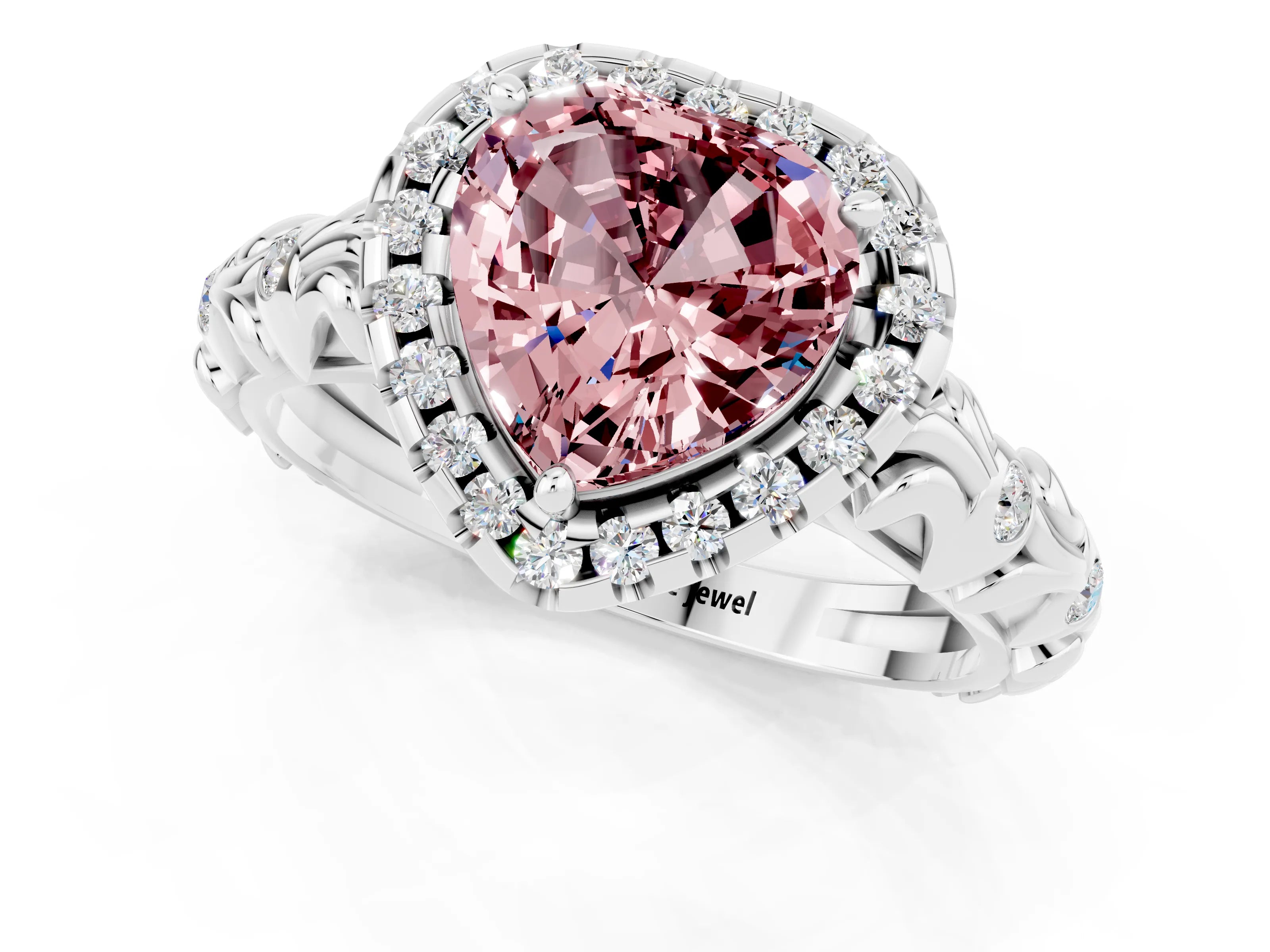 White gold Heart Cut Halo Diamond Solitaire with Filigree Band and Four-Prong Setting_1