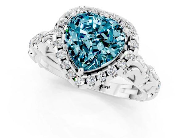 White gold Heart Cut Halo Diamond Solitaire with Filigree Band and Four-Prong Setting