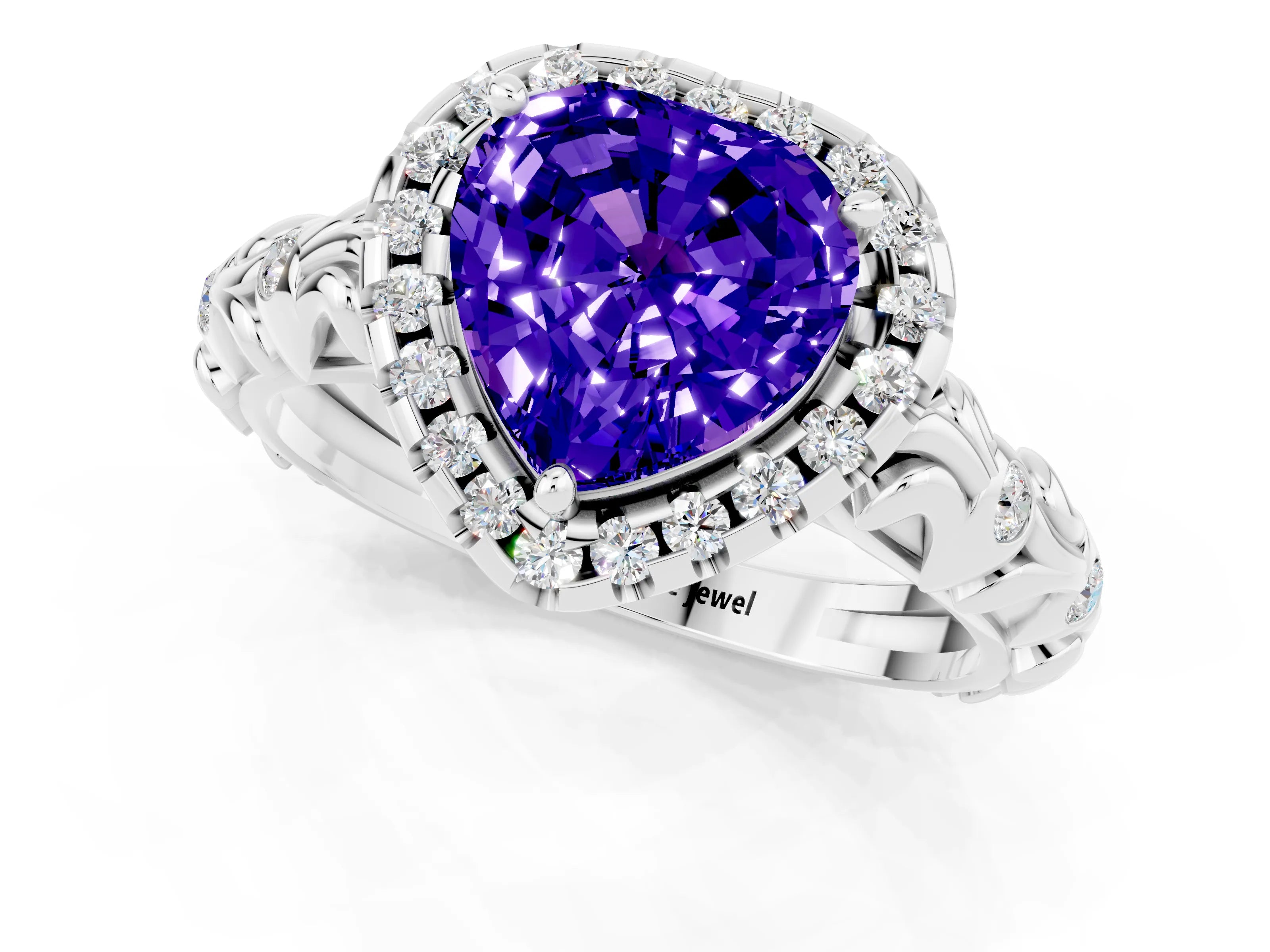 White gold Heart Cut Halo Diamond Solitaire with Filigree Band and Four-Prong Setting_1