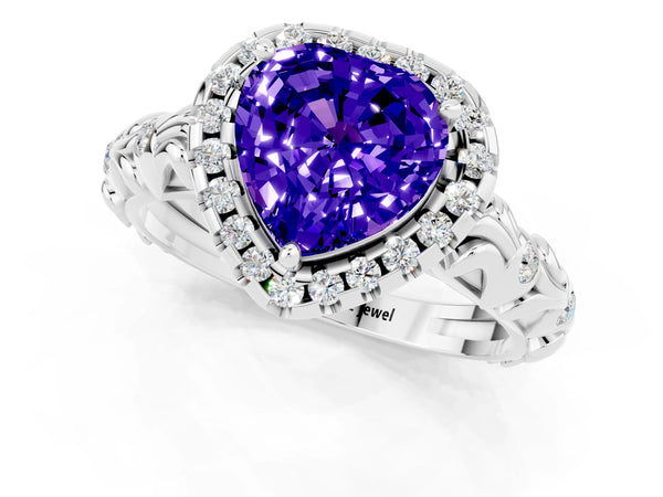 White gold Heart Cut Tanzanite Halo Ring with Filigree Band and Prong Setting