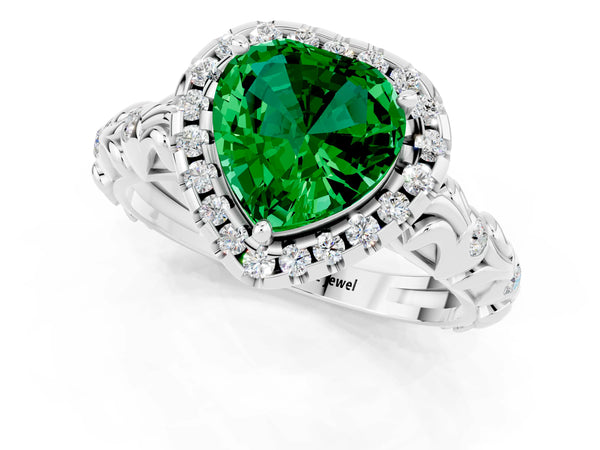 White gold Heart Cut Emerald Halo Ring with Filigree Band and Prong Setting