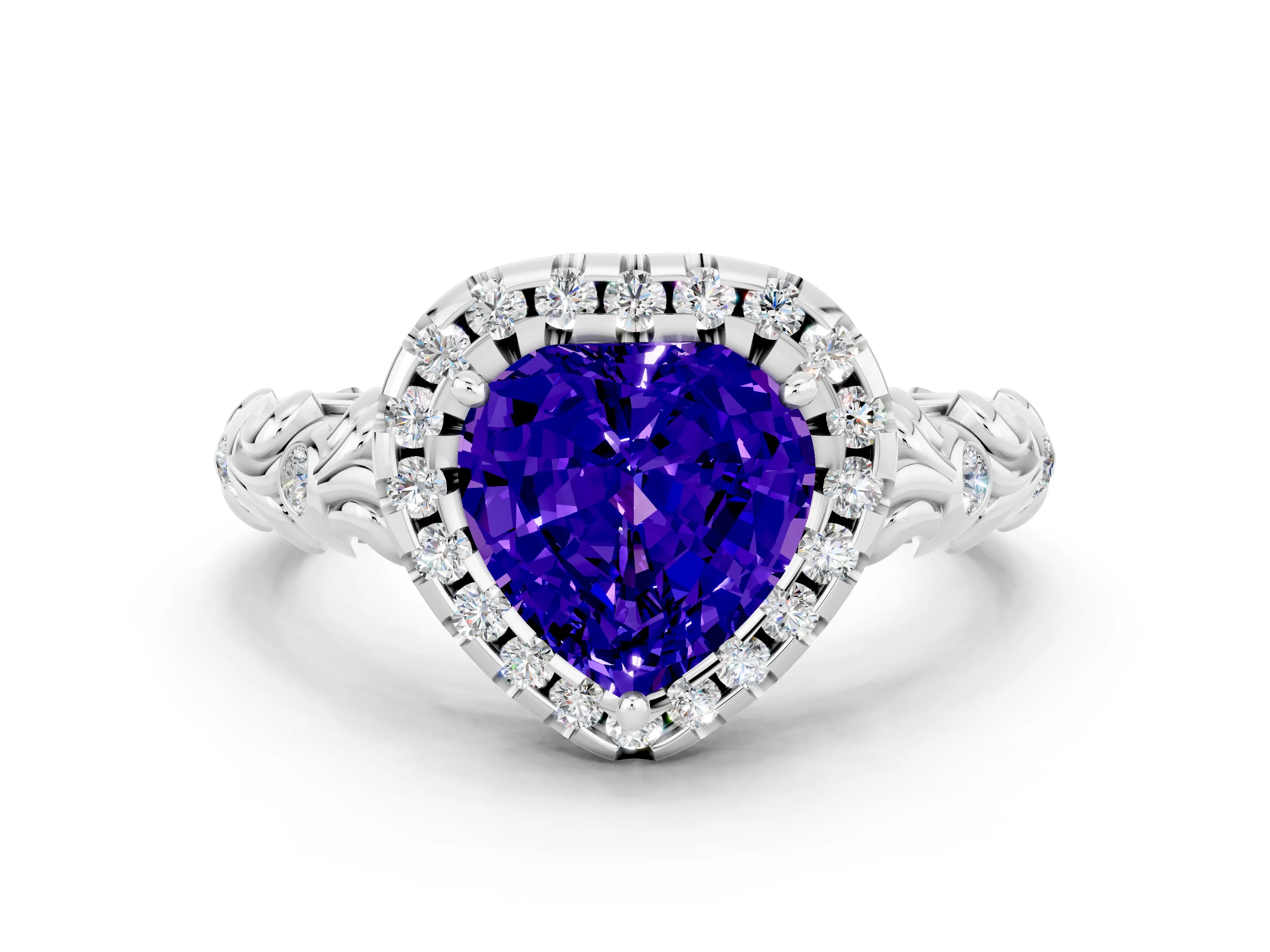 White gold Heart Cut Halo Diamond Solitaire with Filigree Band and Four-Prong Setting