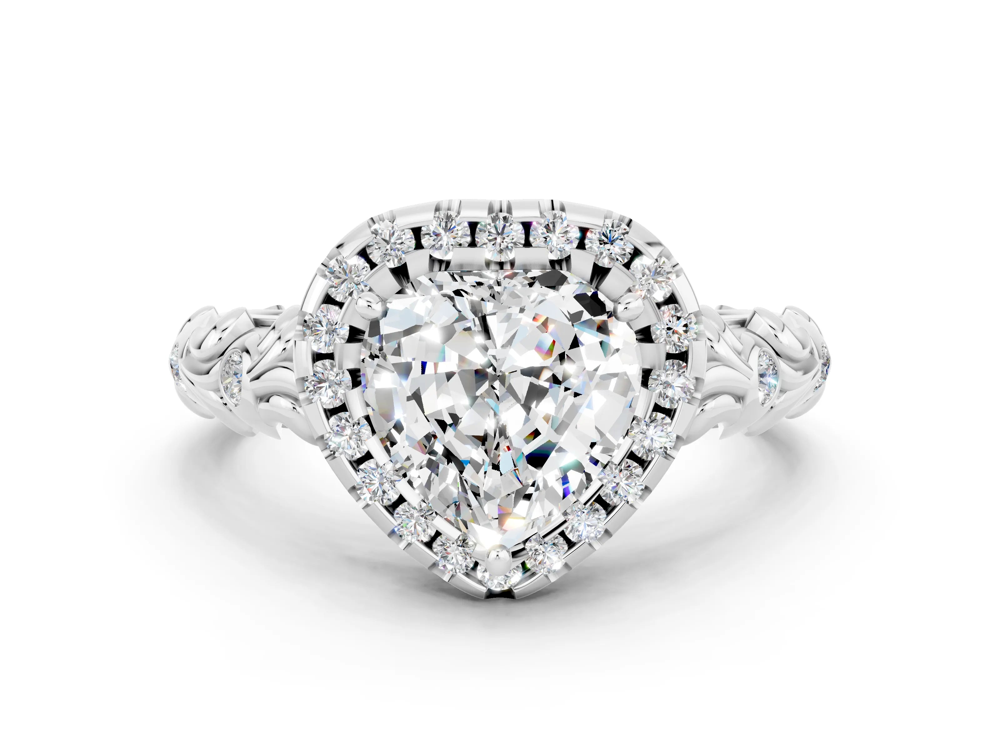 White gold Heart Cut Halo Diamond Solitaire with Filigree Band and Four-Prong Setting