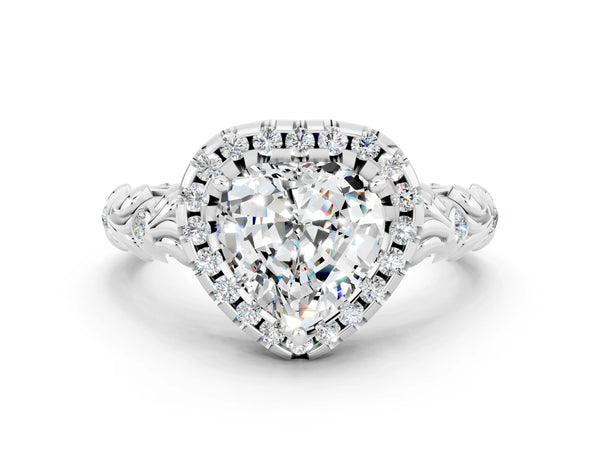Silver Heart Cut Moissanite Halo Ring with Filigree Band and Prong Setting