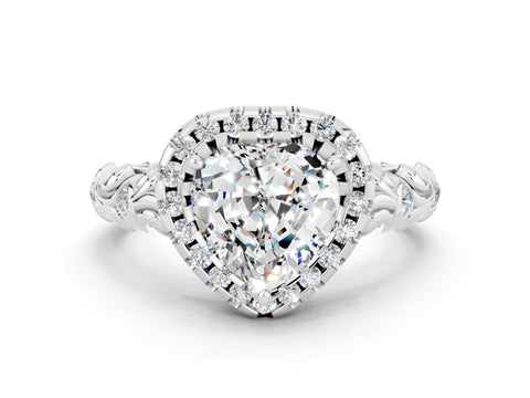 White gold Heart Cut Halo Diamond Solitaire with Filigree Band and Four-Prong Setting