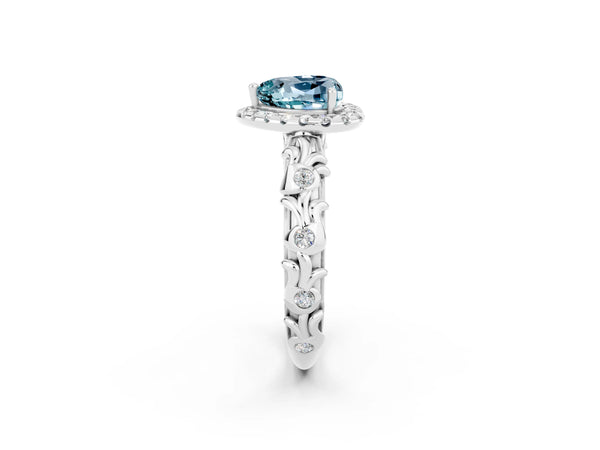 Platinum Heart Cut Aquamarine Halo Ring with Filigree Band and Prong Setting