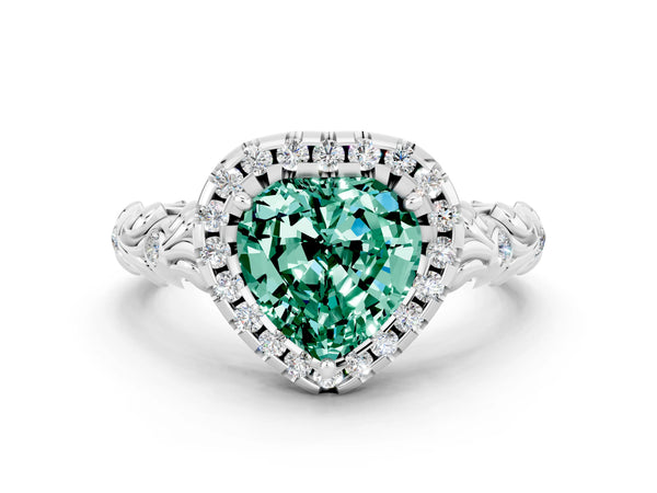 Silver Heart Cut Green Sapphire Halo Ring with Filigree Band and Prong Setting