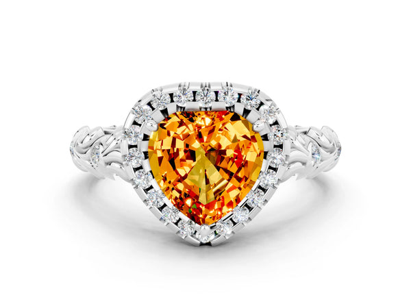 Platinum Heart Cut Citrine Halo Ring with Filigree Band and Prong Setting