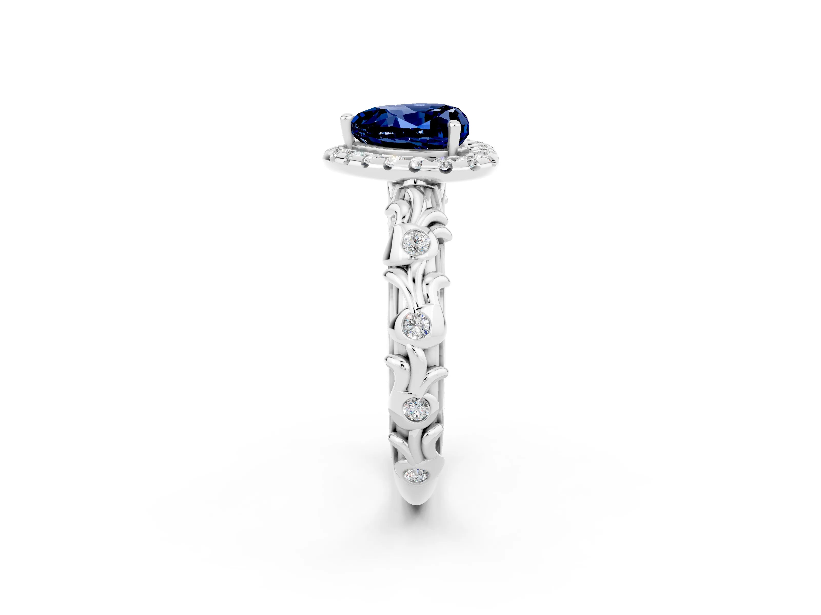 White gold Heart Cut Halo Diamond Solitaire with Filigree Band and Four-Prong Setting_2
