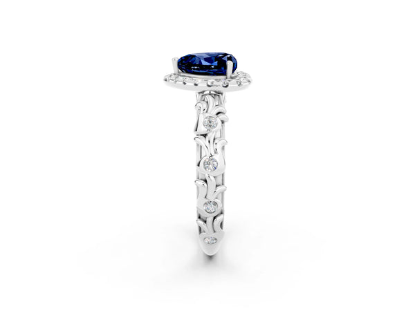 Platinum Heart Cut Blue Sapphire Halo Ring with Filigree Band and Prong Setting