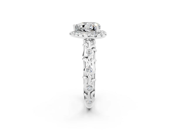 Silver Heart Cut Moissanite Halo Ring with Filigree Band and Prong Setting