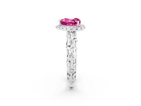 Platinum Heart Cut Pink Sapphire Halo Ring with Filigree Band and Prong Setting