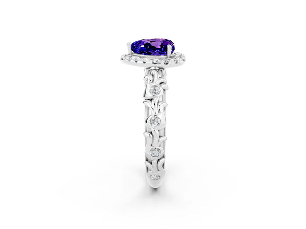 White gold Heart Cut Tanzanite Halo Ring with Filigree Band and Prong Setting