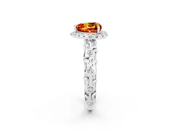 Silver Heart Cut Citrine Halo Ring with Filigree Band and Prong Setting