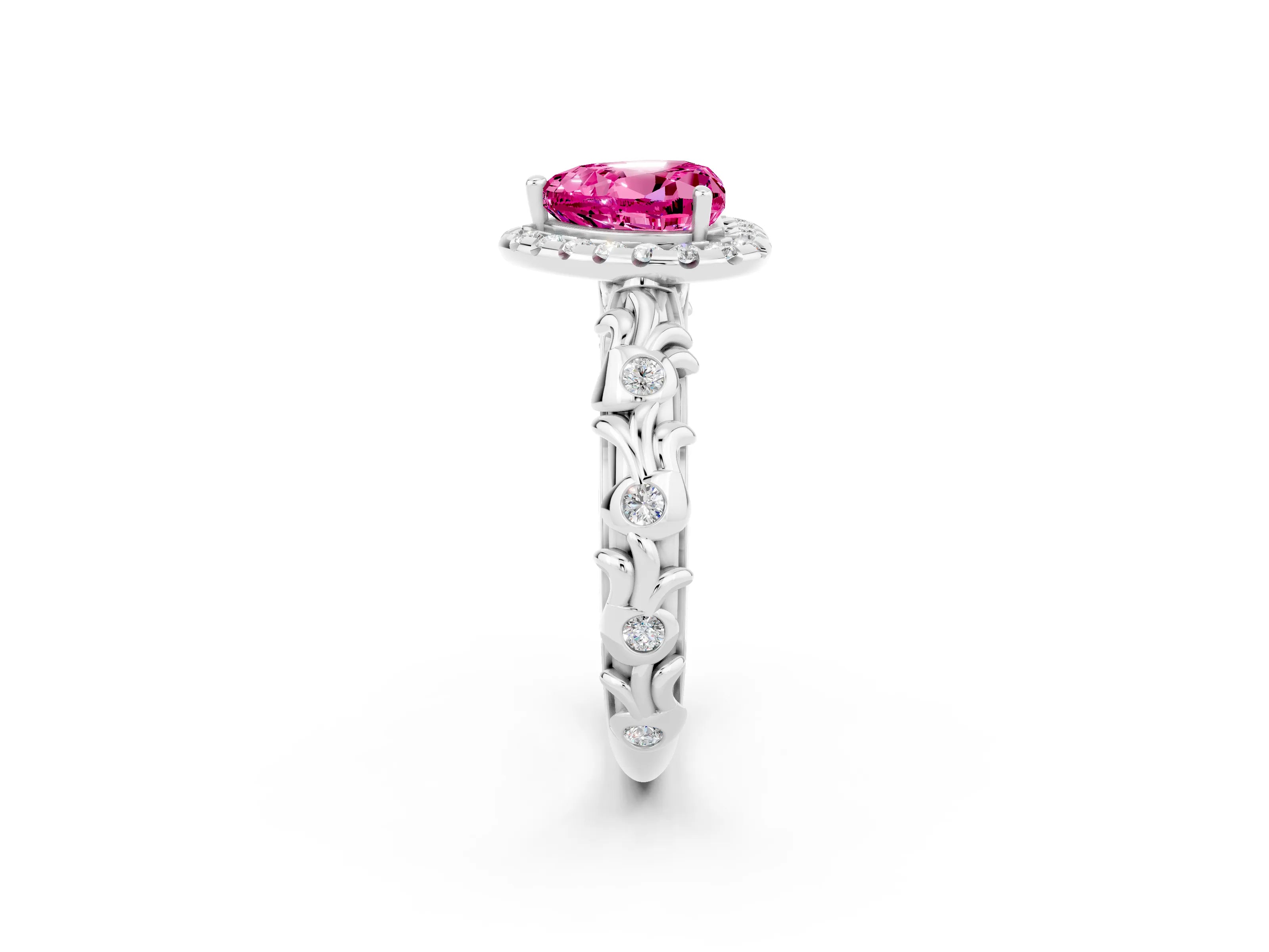 White gold Heart Cut Halo Diamond Solitaire with Filigree Band and Four-Prong Setting_2