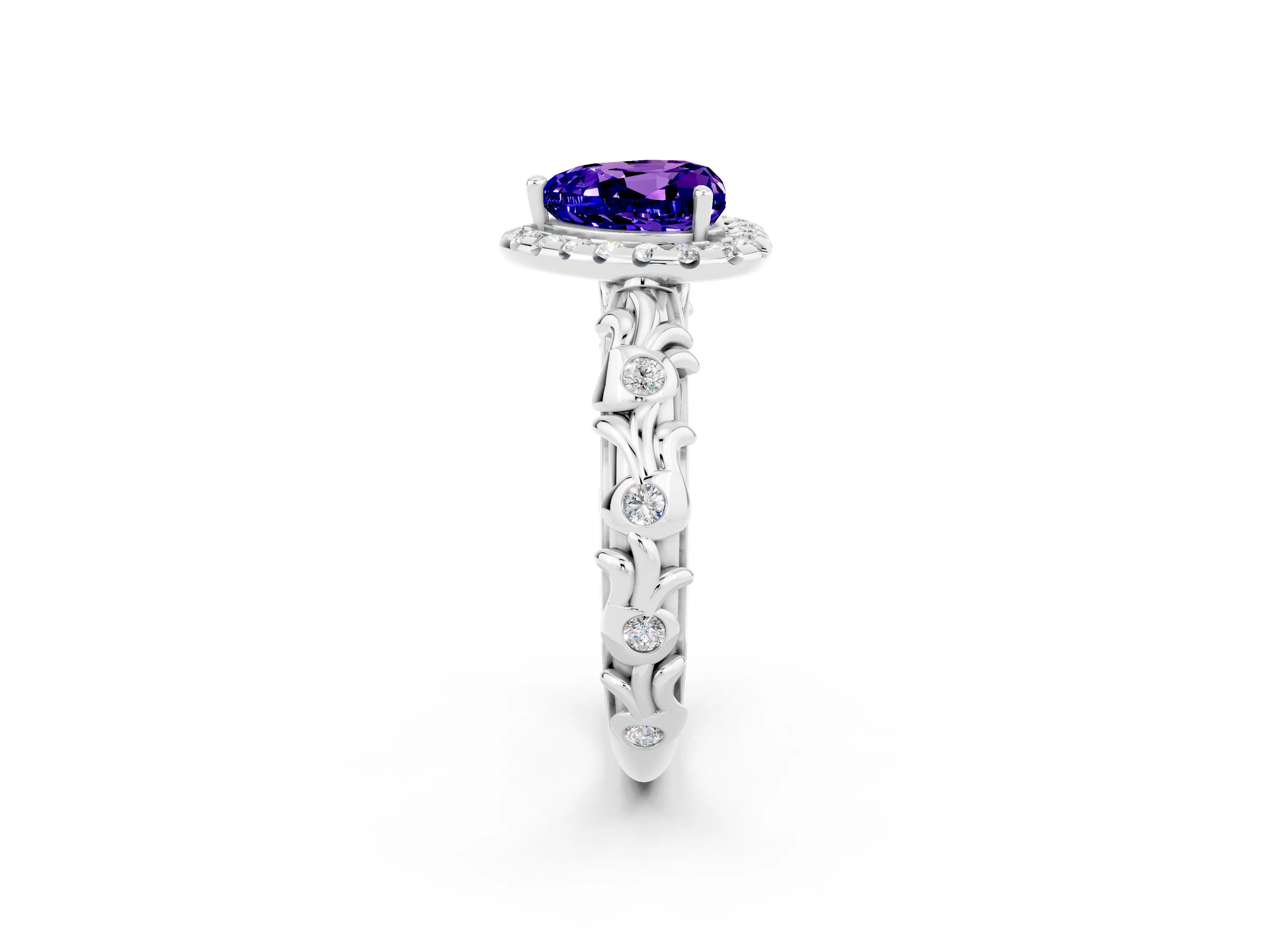 White gold Heart Cut Halo Diamond Solitaire with Filigree Band and Four-Prong Setting_2