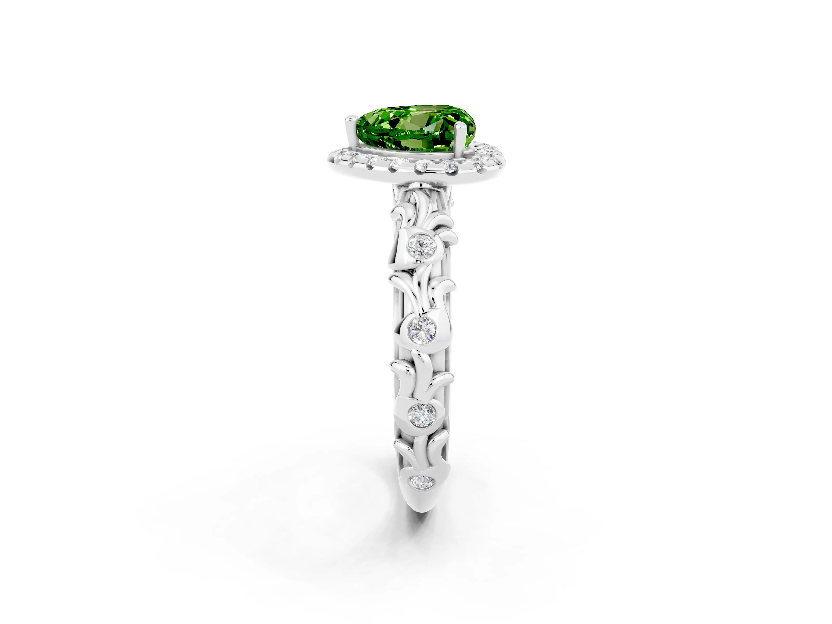 White gold Heart Cut Halo Diamond Solitaire with Filigree Band and Four-Prong Setting_2