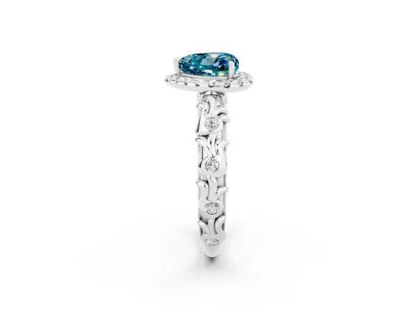 Silver Heart Cut Halo Diamond Solitaire with Filigree Band and Four-Prong Setting
