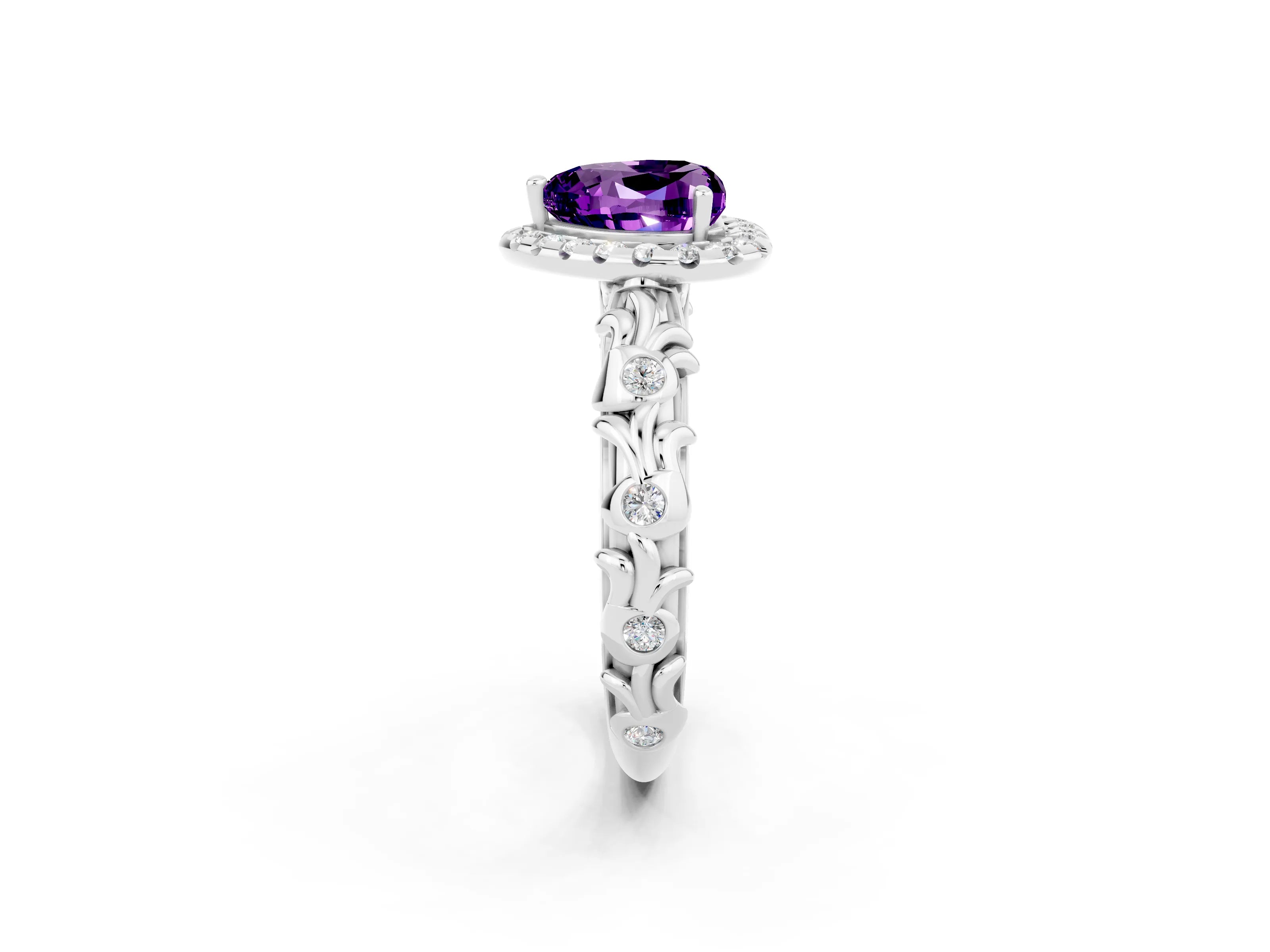 White gold Heart Cut Halo Diamond Solitaire with Filigree Band and Four-Prong Setting_2