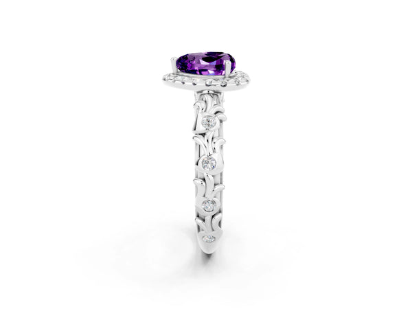 Platinum Heart Cut Amethyst Halo Ring with Filigree Band and Prong Setting