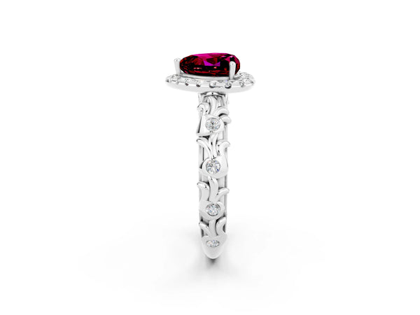 Platinum Heart Cut Garnet Halo Ring with Filigree Band and Prong Setting