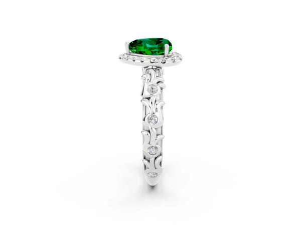 White gold Heart Cut Emerald Halo Ring with Filigree Band and Prong Setting