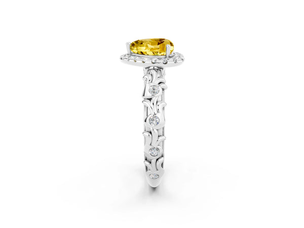 Silver Heart Cut Yellow Sapphire Halo Ring with Filigree Band and Prong Setting