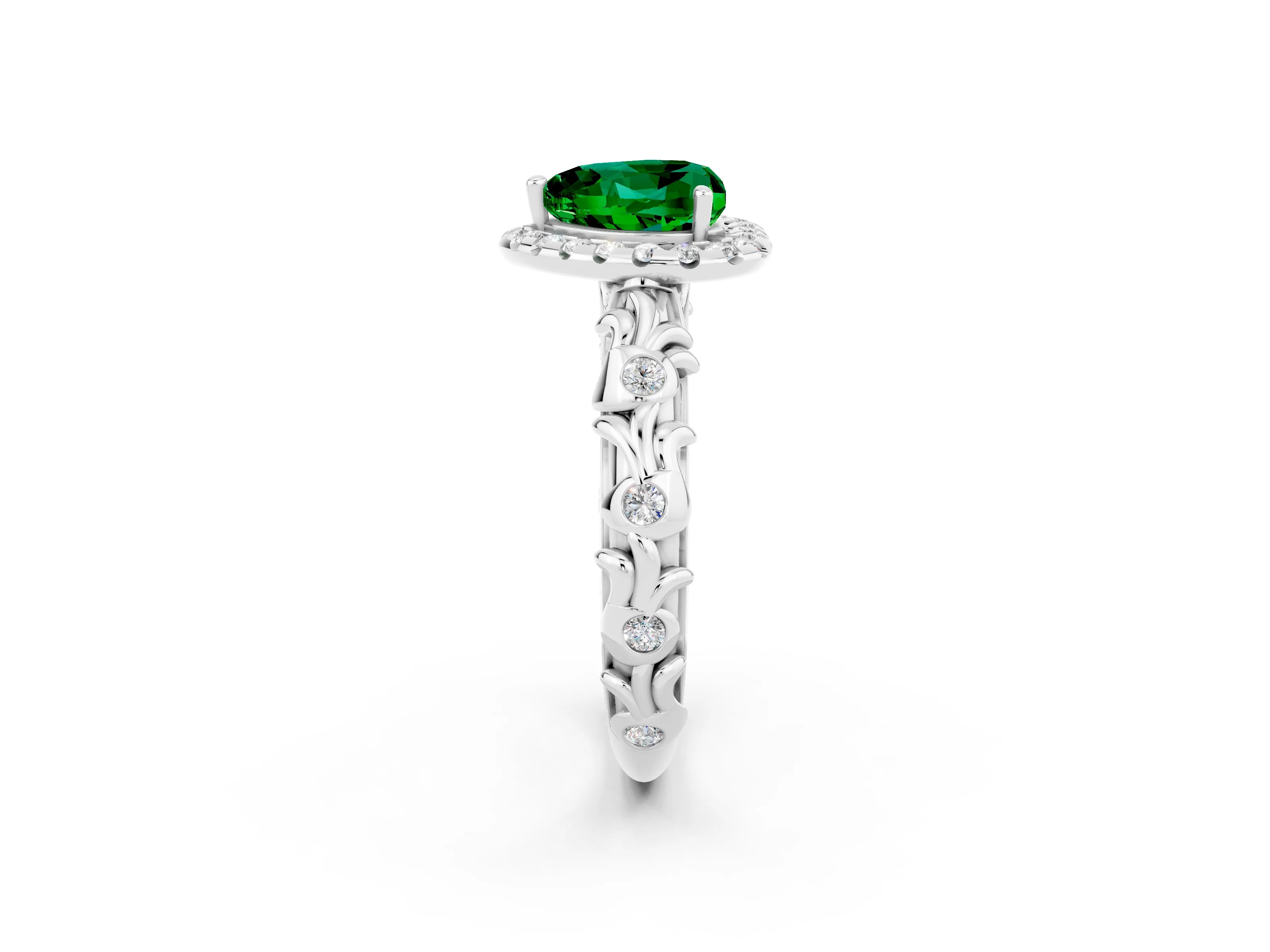 White gold Heart Cut Halo Diamond Solitaire with Filigree Band and Four-Prong Setting_2