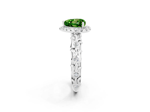 Platinum Heart Cut Peridot Halo Ring with Filigree Band and Prong Setting