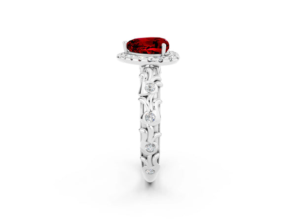 Silver Heart Cut Ruby Halo Ring with Filigree Band and Prong Setting