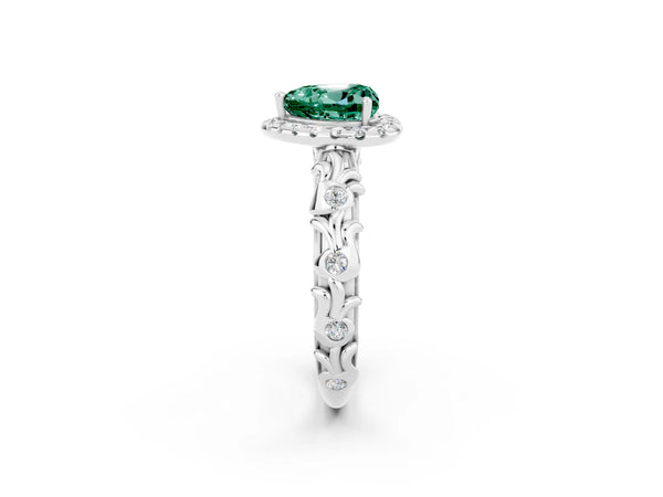 Silver Heart Cut Green Sapphire Halo Ring with Filigree Band and Prong Setting