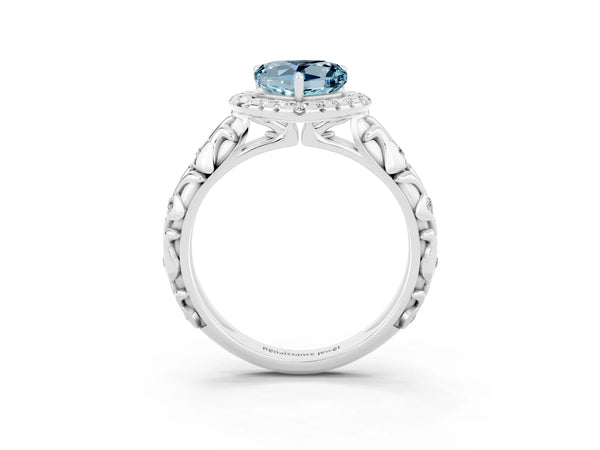 Platinum Heart Cut Aquamarine Halo Ring with Filigree Band and Prong Setting