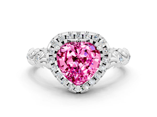 Platinum Heart Cut Pink Sapphire Halo Ring with Filigree Band and Prong Setting