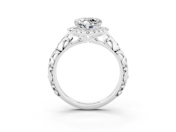 White gold Heart Cut Moissanite Halo Ring with Filigree Band and Prong Setting