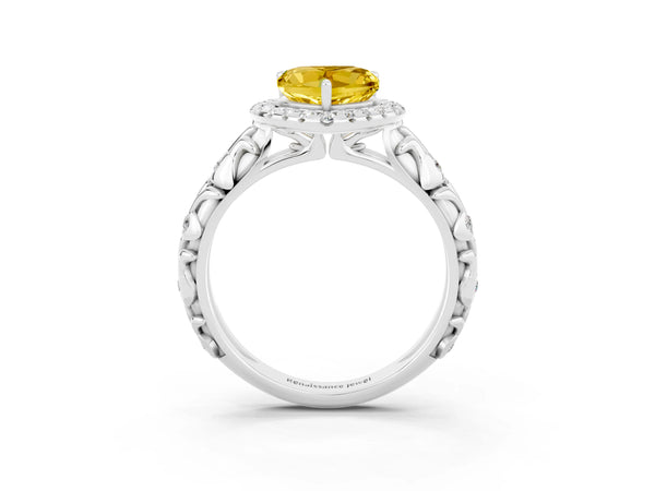 Platinum Heart Cut Yellow Sapphire Halo Ring with Filigree Band and Prong Setting