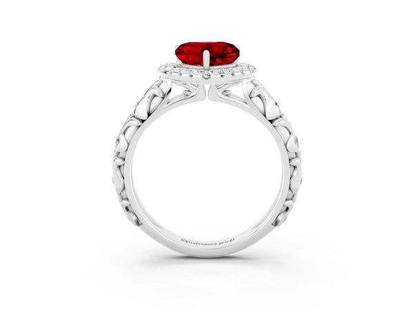 Silver Heart Cut Ruby Halo Ring with Filigree Band and Prong Setting