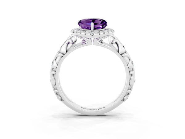 Platinum Heart Cut Amethyst Halo Ring with Filigree Band and Prong Setting