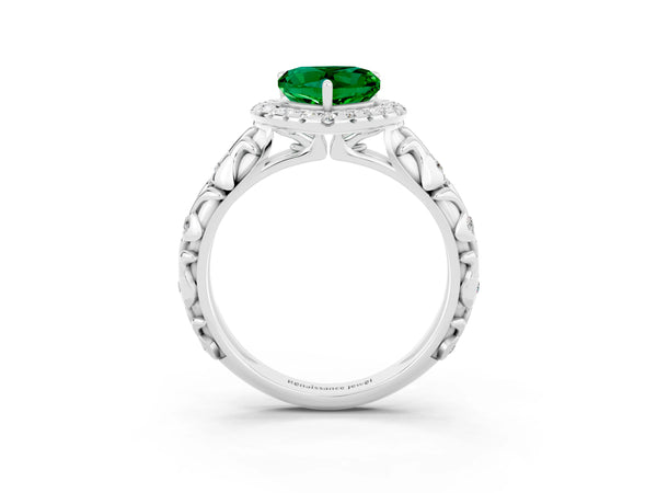 White gold Heart Cut Emerald Halo Ring with Filigree Band and Prong Setting